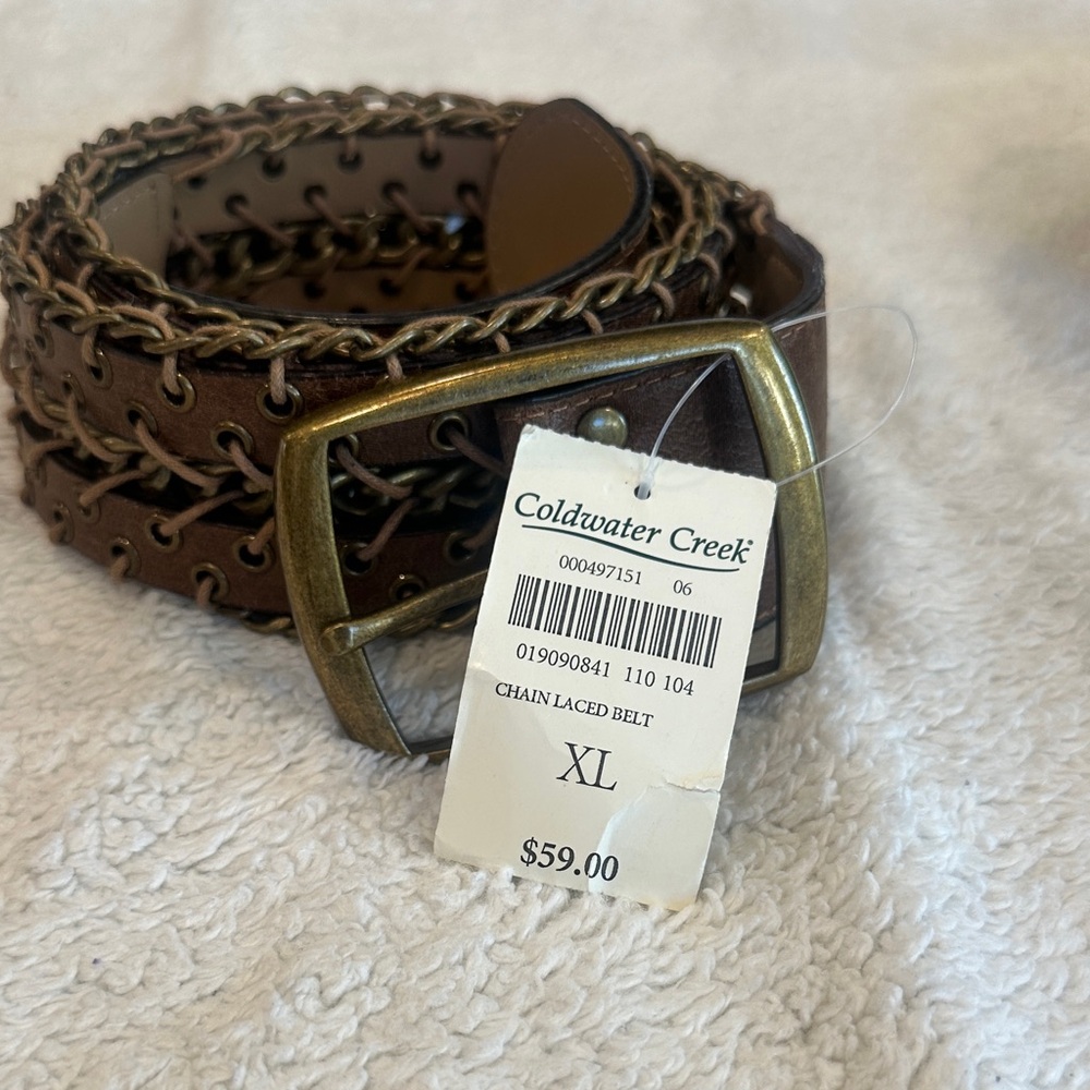 Coldwater Creek Brown Leather Belt with Gold Chain Detail